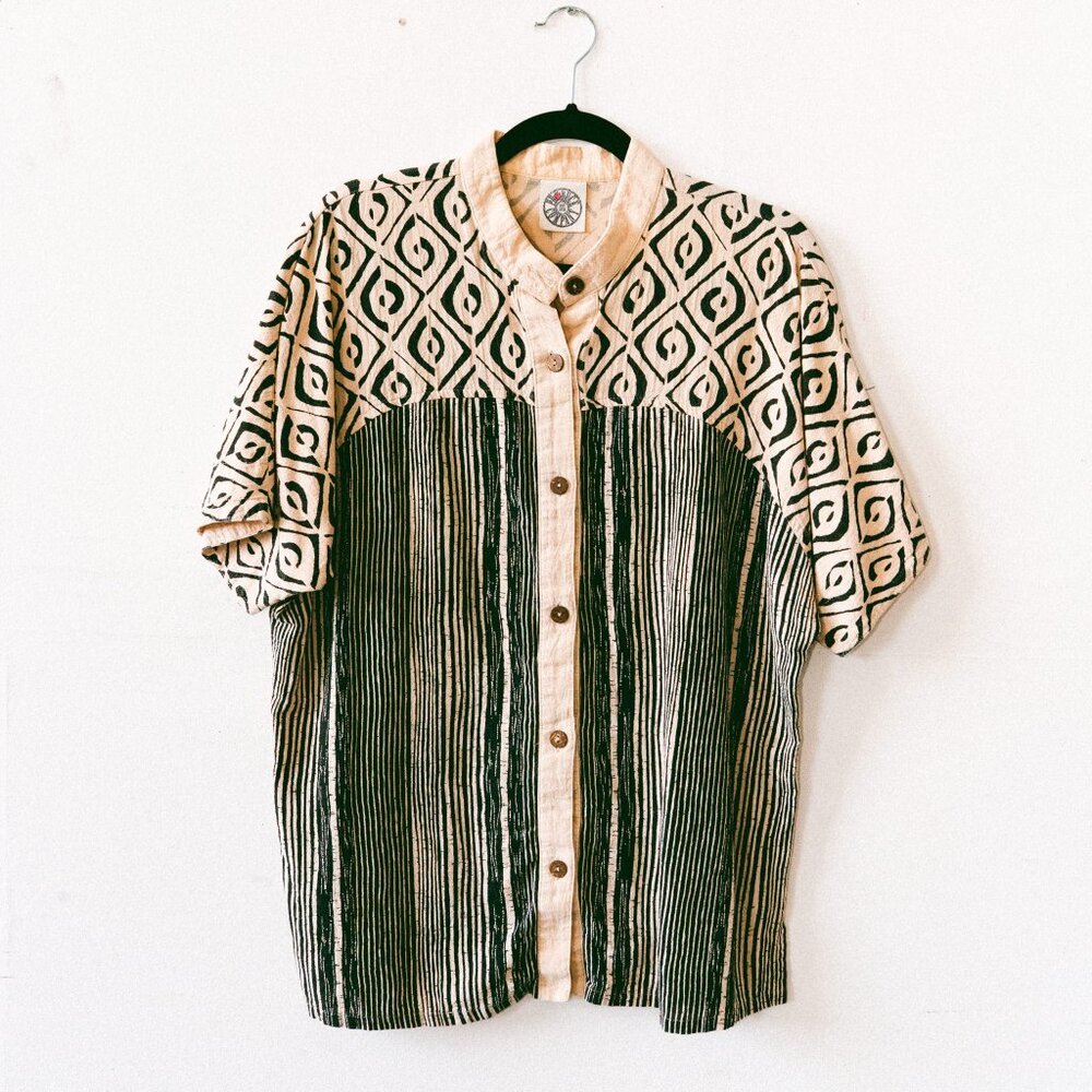 Vintage 80s/90s Produce Company Tribal/Geometric Button-Down w/ Mandarin Collar